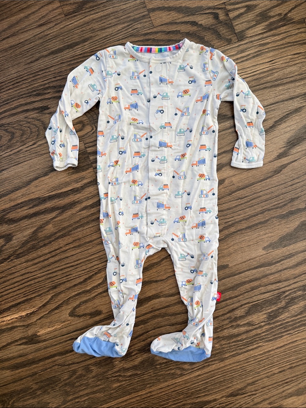 Magnetic Me Cream Footie with Construction Print and Blue Soles 6-9 Months